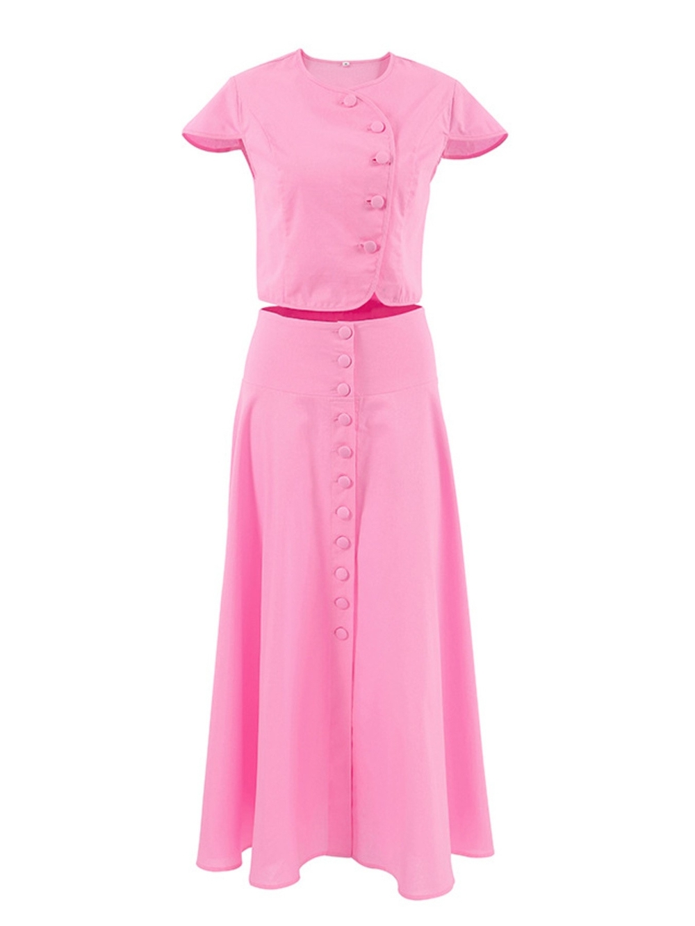 HELENE Pink Two-Piece Button-Front Side Button Top Matching A-line Skirt Dress